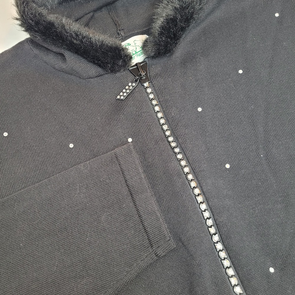 Quacker Factory Sparkle & Shine‎ Zip Front Hooded Cardigan w/Faux Fur  M Black